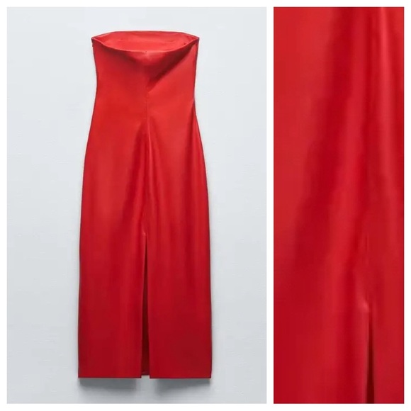 NWOT. Zara Red Faux Leather Off-the-Shoulder Midi Dress. Size S. - Picture 7 of 12